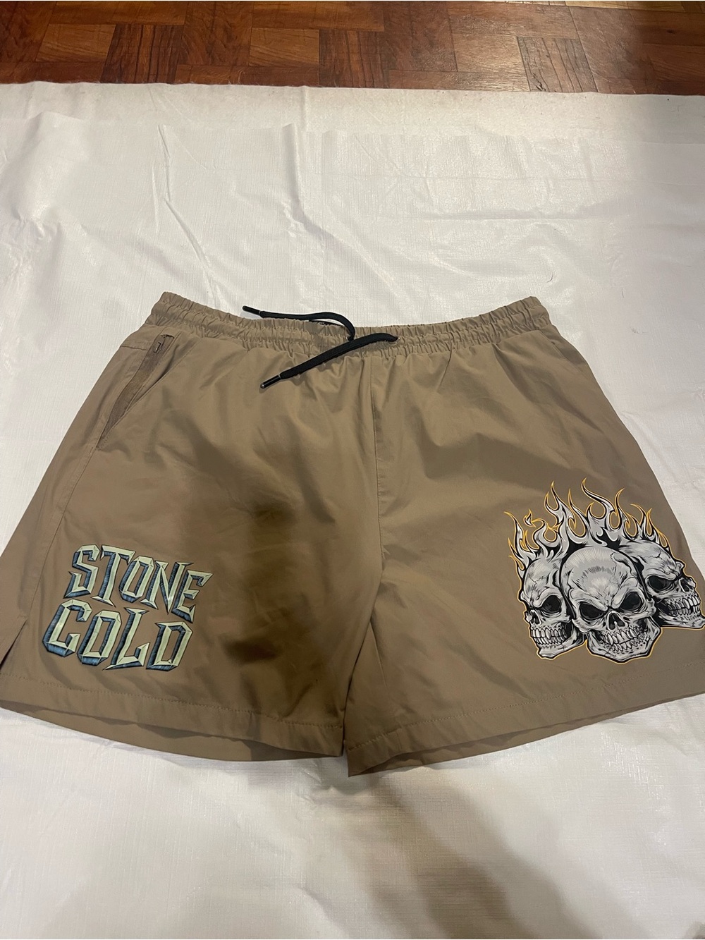 PALACE Khaki Athletic Shorts with Flaming Skull and Stone Cold Graphics